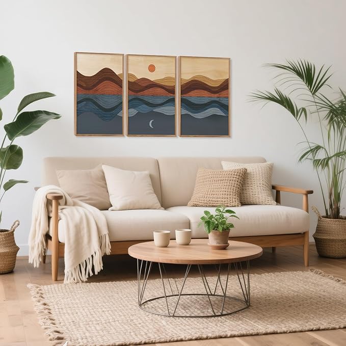 CHDITB Mid Century Modern Framed Canvas Wall Art, Boho Mountain Sun Moon Wall Decor, Abstract Nature Ocean Landscape Artwork, Minimalist Geometric Wave Posters for Living Room Bedroom Office 16"x24"x3