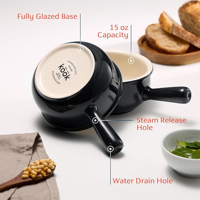 KooK French Onion Soup Bowls, French Onion Soup Crocks, Soup Bowl with Handles, 15 oz, Set of 4, Ceramic Bowls, Microwave, Dishwasher Safe & Oven safe, Stoneware,(Black)