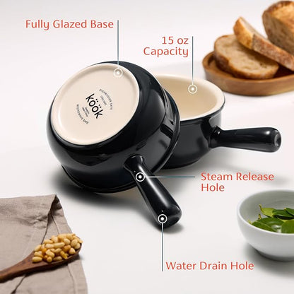 KooK French Onion Soup Bowls, French Onion Soup Crocks, Soup Bowl with Handles, 15 oz, Set of 4, Ceramic Bowls, Microwave, Dishwasher Safe & Oven safe, Stoneware,(Black)