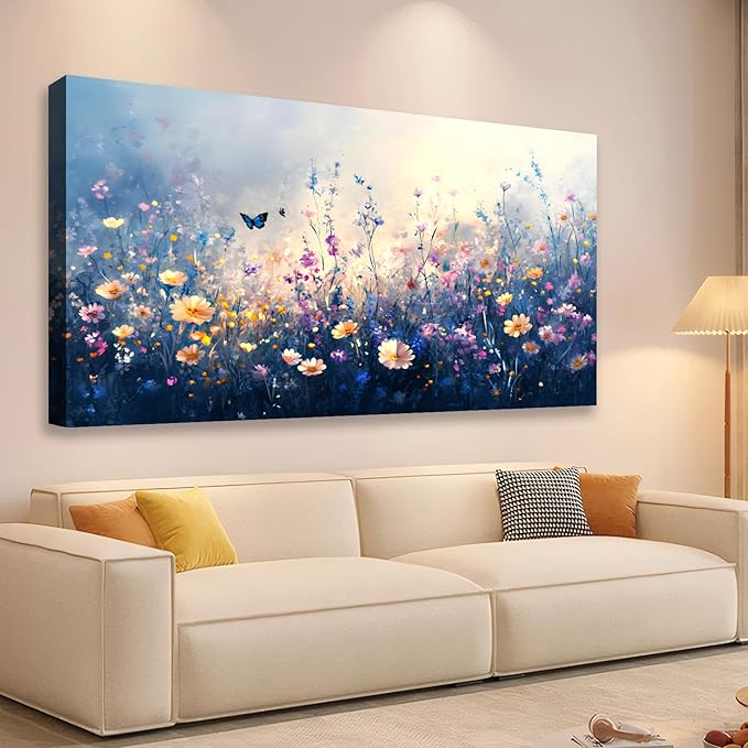 JLXART Canvas Wall Art Colorful Wildflower With Butterflies Wall Decor Purple and Yellow Poppy Floral Artwork Flowers Prints Paintings for Living Room Home Decorations,20x40inch
