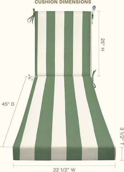 Honeycomb Outdoor Heritage Chaise, 22.5" W x 70" L, Cabana Stripe Green & Cream Chair Cushion for Patio Furniture