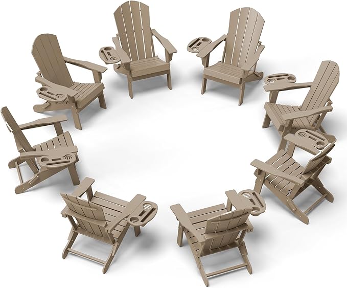 Adirondack Chair Set of 8, HDPE Folding Adirondack Chair with Multifunctional Cup Holder, Weather Resistant Fire Pit Chair for porches, patios, poolsides, Decks.