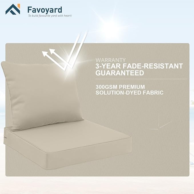 Favoyard Outdoor Seat Cushion Set 24 x 24 Inch Water-Resistant & Fade-Resistant Patio Furniture Cushions with Removable Cover Deep Seat & Back Cushion with Handle and Adjustable Straps for Chair Sofa