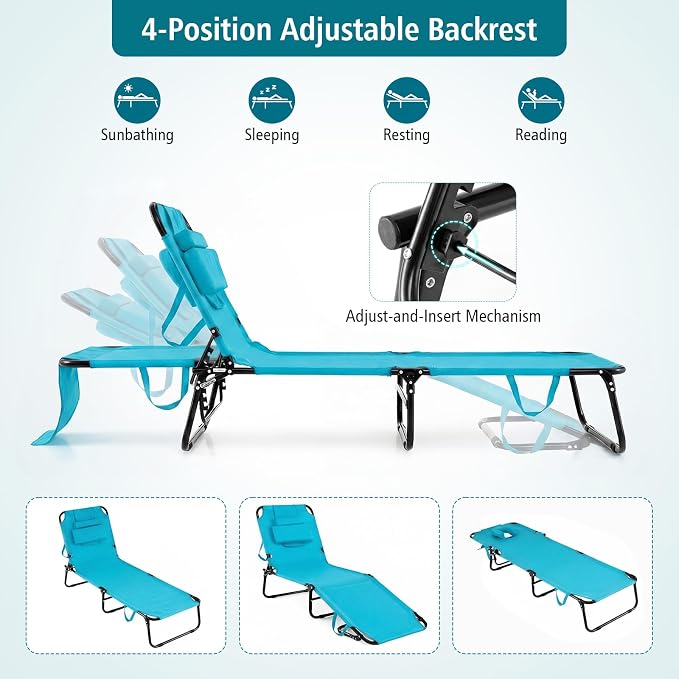 GYMAX Tanning Chair, 330lbs Beach Lounge Chair with Face Hole, Washable Pillow & Carry Strap, Adjustable Folding Chaise Lounge, Layout Lounger for Outside, Patio, Poolside, Lawn (2, Arctic)