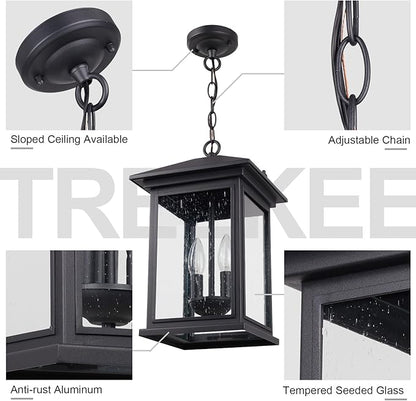 Treekee Large Outdoor Pendant Light, Modern Adjustable Hanging Lantern, Black Outside Porch Chandelier Light with Seeded Glass, Exterior Pendant Lighting for Patio, Porch, Yard
