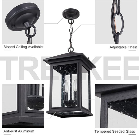 Treekee Large Outdoor Pendant Light, Modern Adjustable Hanging Lantern, Black Outside Porch Chandelier Light with Seeded Glass, Exterior Pendant Lighting for Patio, Porch, Yard