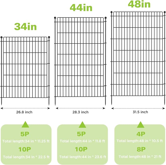 5 Panels No Dig Garden Fence with Gate, 44in(H) × 11.8ft(L) Decorative Metal Outdoor Dog Fence, Rustproof Pet Fencing for Yard, Patio, Flower Bed -Temporary Fencing| Easy to Install