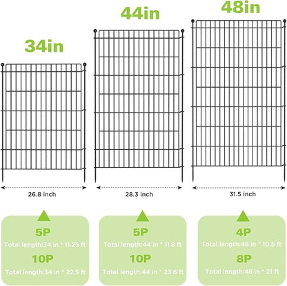 5 Panels No Dig Garden Fence with Gate, 44in(H) × 11.8ft(L) Decorative Metal Outdoor Dog Fence, Rustproof Pet Fencing for Yard, Patio, Flower Bed -Temporary Fencing| Easy to Install