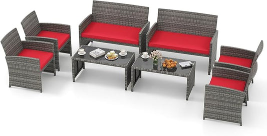 Tangkula 8 Piece Patio Wicker Furniture Set, Outdoor Heavy Duty Rattan Cushioned Chairs, Loveseat and Tempered Glass Coffee Table, for Backyard, Balcony, Poolside Red