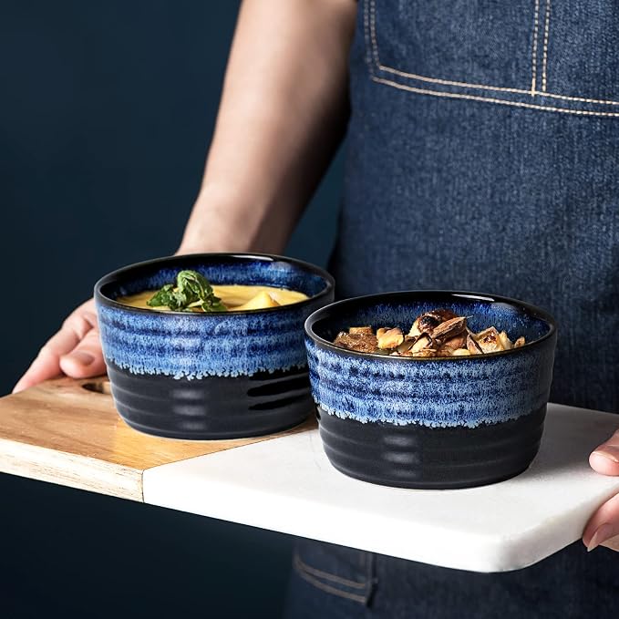 Ramekin Set, UNICASA 8 oz Creme Brulee Ramekins, Oven Safe Baking Set for Custard, Pudding, Souffle Cups, Reactive Gray (Blue, 8oz x 2pc)