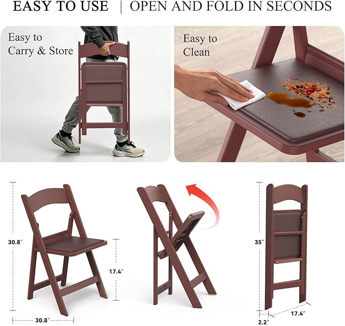 Nazhura Garden and Patio Folding Chair Set of 4 for Event and Wedding, Lightweight with Padded Seat, Water-Proof, Double Braced Frame, Non-Slip Feet, 900LB Capacity (Brown)