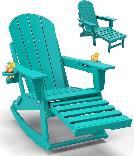 Adirondack Rocking Chair with Retractable Ottoman, All Weather Folding Adirondack Chair with Two Cup Holders, Adirondack Outdoor Rocking Chairs for Porch, Patio, Balcony. Lake Blue