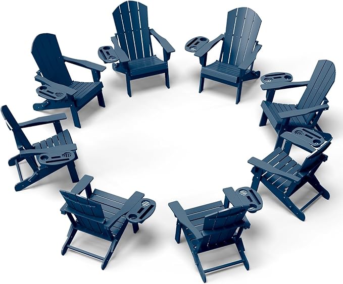 Adirondack Chair Set of 8, HDPE Folding Adirondack Chair with Multifunctional Cup Holder, Weather Resistant Fire Pit Chair for porches, patios, poolsides, Decks.
