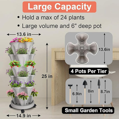 GameXcel Vertical Planter Tower- 6 Tier Stackable Garden Planter with Wheels and Tool Set – Grow Strawberries Herbs Flowers and Vegetables - Indoor Outdoor Use Gray