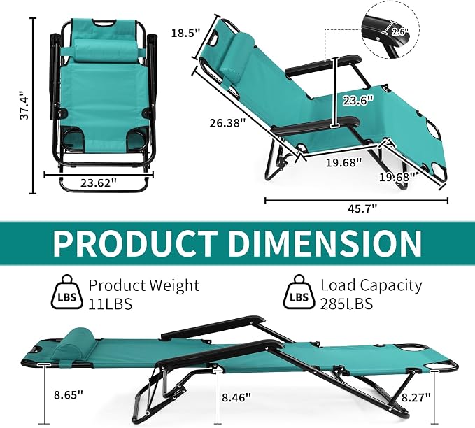 Outvita Folding Chaise Lounge Chair, Outdoor Adjustable Recliner Chair with Pillow for Camping, Beach, Poolside, Garden, Backyard, Lawn