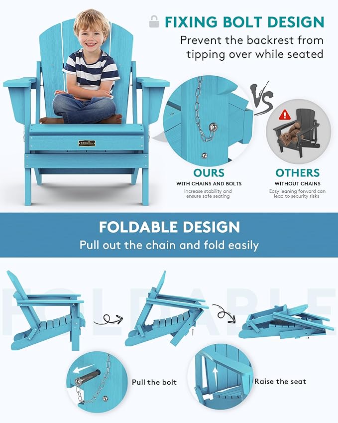 SERWALL Folding Adirondack Chair Outdoor Adirondack Chairs Weather Resistant Patio Chair Fire Pit Chairs - Light Blue