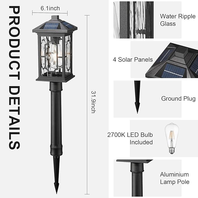 Solar Post Lights, Outdoor Waterproof Solar Pathway Lights Outside Auto On/Off Garden Lighting Fixtures Stake Dusk to Dawn for Lawn Path Walkway Driveway, Ground Plug, Remote Control
