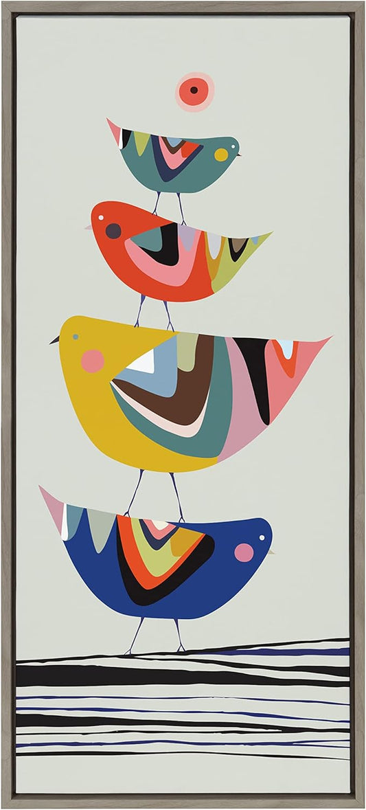 Kate and Laurel Sylvie The Family Tree Mid-Century Modern Framed Canvas Wall Art by Rachel Lee of My Dream Wall, 18x40 Gray, Adorable Bird Art for Wall