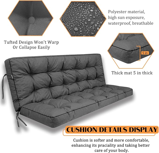 Swing Replacement Seat Cushions, 2-3 Seater Bench Cushions for Outdoor Furnitur with Backrest, Garden Recliner Seat Cushions Waterproof Sofa Pads (Dark Gray, 70.8x40in)