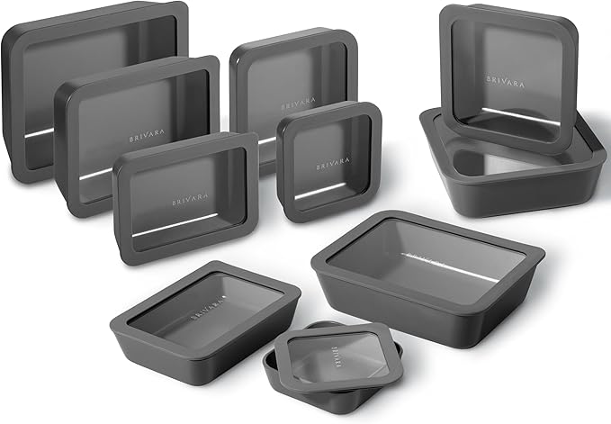 20-Piece Glass Food Storage Containers Set with Lids (10 Containers + 10 Lids) | Microwave-Safe Airtight Seal, Oven-Safe Ceramic-Coated Glass | Zero Plastic, No PFAS/PFOA/BPA [Onyx]