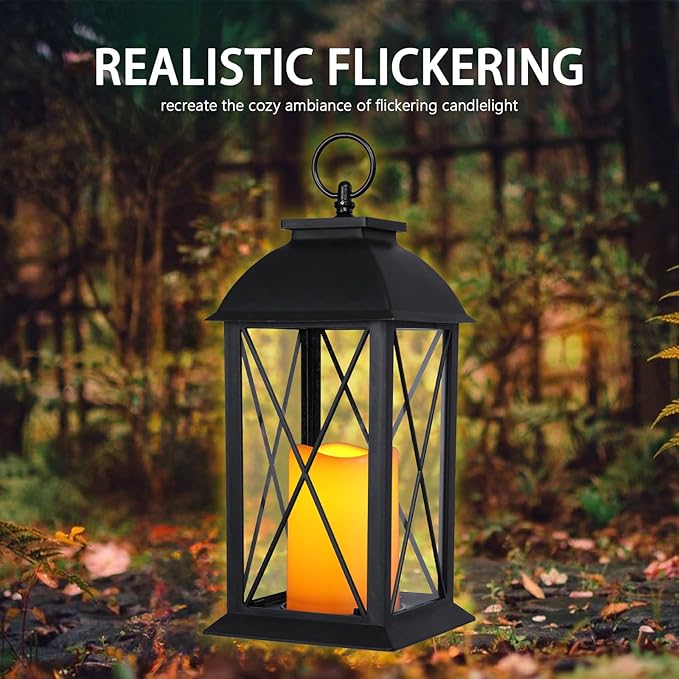 Bdor 2 Pack 13-Inch Black Decorative Lantern with LED Candle (6hr Timer) - IP65 Waterproof Battery Powered - Outdoor Patio Hanging Lanterns Decorative Tabletop Lanterns