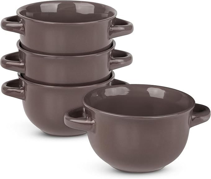 KooK French Onion Soup Bowls, Crocks, Oven Safe Bowls, Soup Mugs, Ceramic Bowls, Dishwasher, Microwave, Set of 4, 18 oz (Dark Mauve)