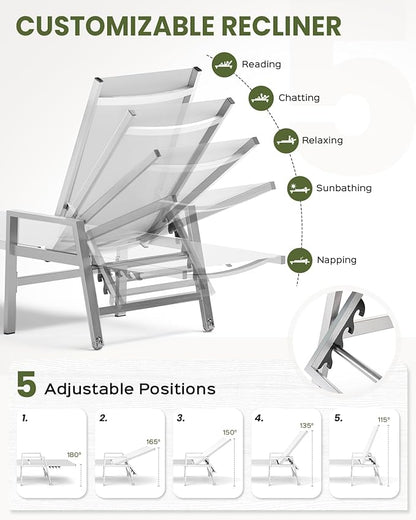 Vexwalx Patio Chaise Lounge Outdoor with Wheels&Armrests, Aluminum Pool Lounge Chairs 5-Position Adjustable Recliner, Sun Beach Lounge Chairs for Poolside, Patio, Deck, Yard, White