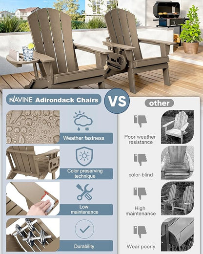 Adirondack Chair Set of 4, HDPE Folding Adirondack Chair with Multifunctional Cup Holder, Weather Resistant Fire Pit Chair for porches, patios, poolsides, Decks.