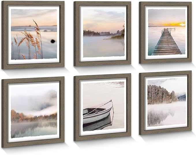 Framed Lake Photo Wall Art: Modern Warm Bright Landscape Painting Relaxing Various Mountain Water View Prints Frames Natural Foggy Forest Gallery Artwork 6 Pieces Small Sunrise Picture for Bedroom