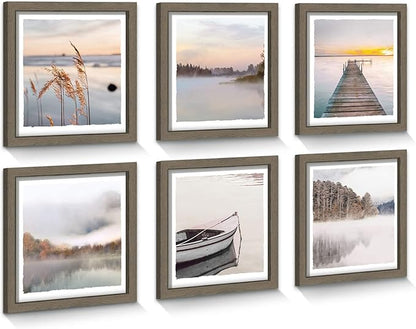 Framed Lake Photo Wall Art: Modern Warm Bright Landscape Painting Relaxing Various Mountain Water View Prints Frames Natural Foggy Forest Gallery Artwork 6 Pieces Small Sunrise Picture for Bedroom