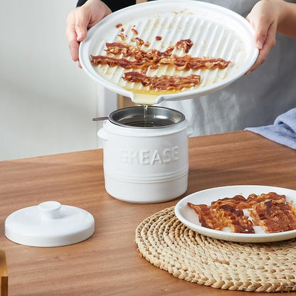 ONEMORE Microwave Bacon Tray Ceramic Bacon Cooker Meat Rack for Oven Cooking Crispy Bacon Maker - 11 inch Round Bacon Dish Plate, White