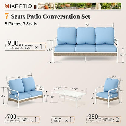 5 Piece Patio Furniture Set, 2 x Fixed Chair, 1 x 2-Seat Sofa, 1 x 3-Seat Sofa with Marbling Coffee Table, All Cushioned 7 Seats Outdoor Conversation Set for Lawn Garden Backyard, Blue