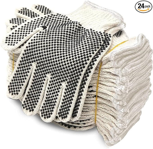 Evridwear Cotton Polyester String Knit Shell Safety Protection Work Gloves for Painter Mechanic Industrial Warehouse Gardening Construction Men & Women 12 Pairs, With Two Side dots, L Size