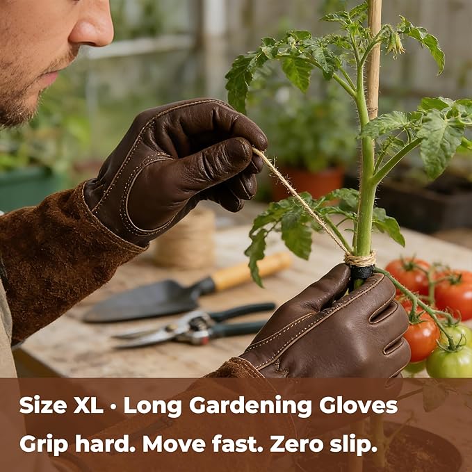 Aegend Gardening Gloves Men, Long Elbow Cuff with Adjustable Strap, Sun & Dirt Protection, Cowhide Leather, Breathable & Comfortable Yard Work, Fit Large Hands for Gardeners (Brown, XL)