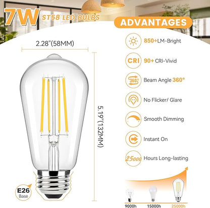 Brightever 20-Pack Edison Light Bulbs 60W Equivalent, Dimmable LED Light Bulbs, 7W, 850LM Vintage E26 LED Bulb 2700K Soft White, 90+CRI, ST58 Clear Glass Antique Decor Filament Bulb for Living Room