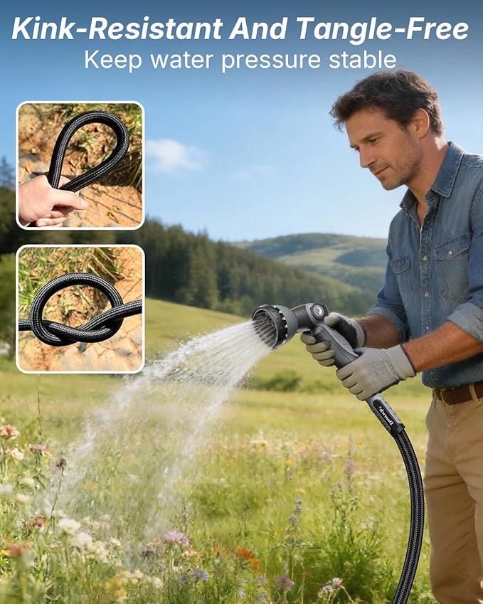 Garden Hose, Flexible Ultra Lightweight Durable, Kink-Free Water Hose with 10 Function Sprayer - Non-Shrinking, Easy to Store, All-Weather, High-Pressure, Black (25 FT)