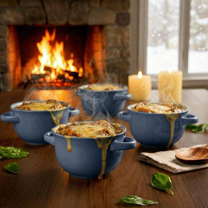 KooK French Onion Soup Bowls, Crocks, Oven Safe Bowls, Soup Mugs, Ceramic Bowls, Dishwasher, Microwave, Set of 4, 18 oz (Denim)