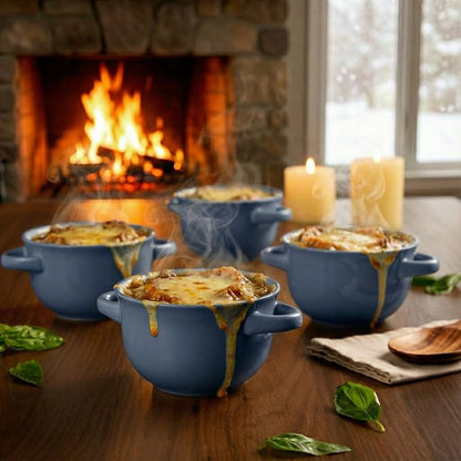 KooK French Onion Soup Bowls, Crocks, Oven Safe Bowls, Soup Mugs, Ceramic Bowls, Dishwasher, Microwave, Set of 4, 18 oz (Denim)