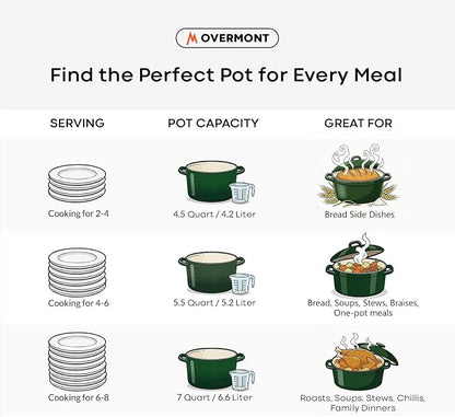 Overmont Enameled Cast Iron Dutch Oven - 5.5QT Pot with Lid Cookbook & Cotton Potholders - Heavy-Duty Cookware for Braising, Stews, Roasting, Bread Baking Bamboo Shadow