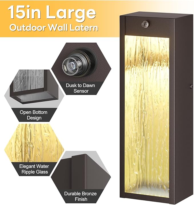 Dusk to Dawn LED Outdoor Wall Light 2 Pack, Bronze 15in Exterior Waterproof Porch Sconces, Large Modern Water Rippleed Outdoor Lighting Wall Mounted Outside Lantern for Garage Front Door