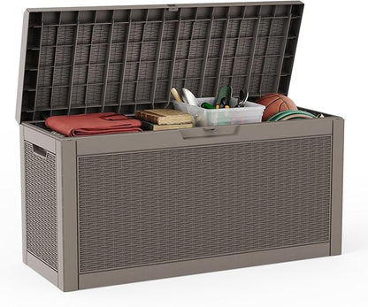 60 Gallon Deck Box, Waterproof Resin Outdoor Storage Box Lockable for Patio Furniture, Fade Resistant Patio Side Table & Organizer for Garden Tools, Pool Floats, Outdoor Cushions, Light Coffee