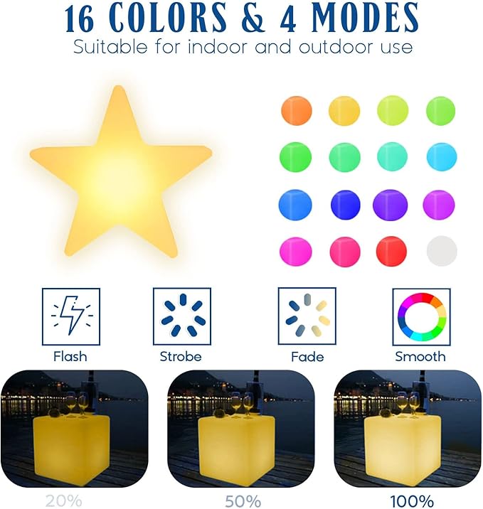 Novelty Lights 16 Inch RGB Star Rechargeable Night Light, Waterproof Mood Lighting with Remote Control, Color-Changing Glow Star for Indoor/Outdoor Use