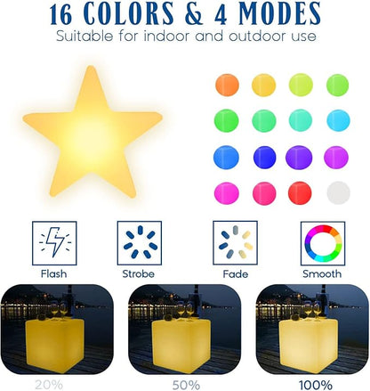 Novelty Lights 16 Inch RGB Star Rechargeable Night Light, Waterproof Mood Lighting with Remote Control, Color-Changing Glow Star for Indoor/Outdoor Use