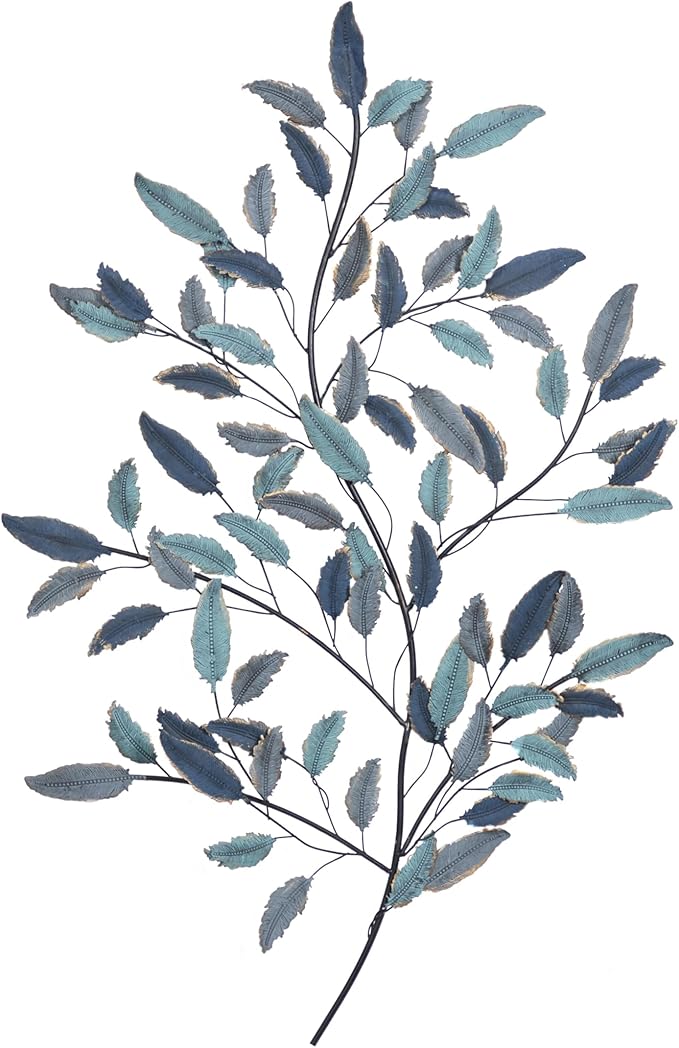 Deco 79 Metal Leaf Home Wall Decor Wall Sculpture with Black Stems, Wall Art 31" x 2" x 45", Blue