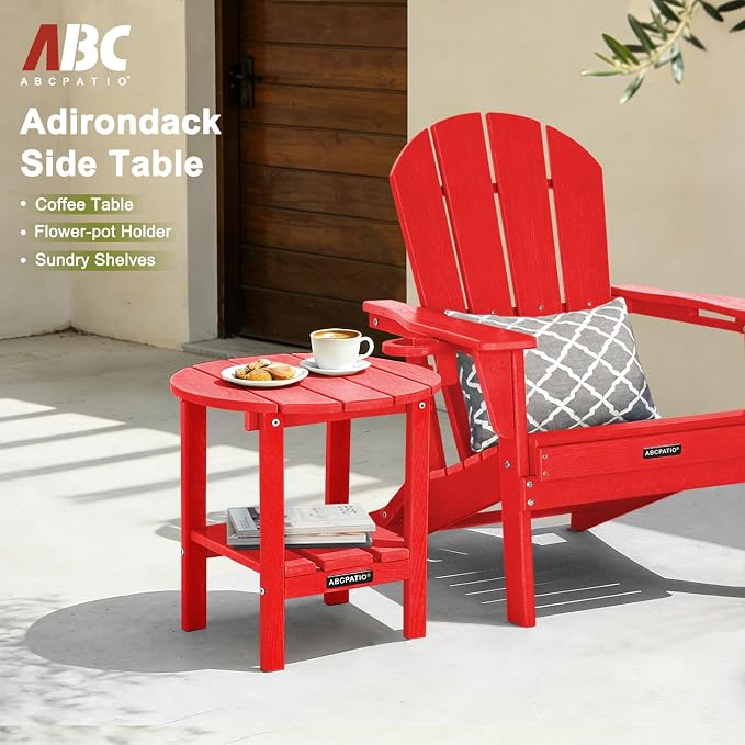 Outdoor Side Table Round - Patio Side Tables - HDPE Small Outdoor End Table for Backyard Pool Porch Balcony - Double Layer Storage - Red (Wood Grain Finish)