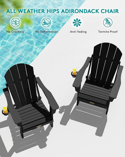 SERWALL Folding Adirondack Chair Set of 6, Weather Resistant HIPS Lawn Chairs with Cup Holder for Backyard, Garden, Fire Pit- Black