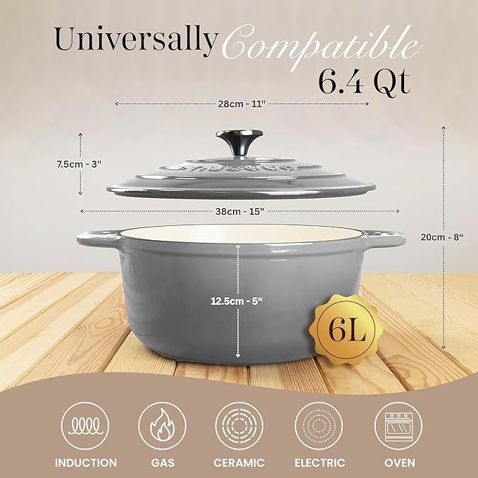 Nuovva Enamelled Cast Iron Dutch Oven Pot with Lid-6.4 Quart Non Stick Casserole Pot-Heavy Duty & Oven Safe up to 500° F for Bread Baking, Braising, Stews, Roasting - 28cm Grey