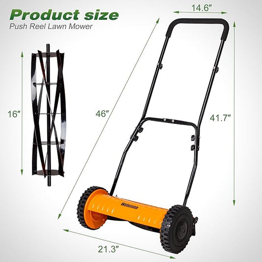 Walensee Push Reel Lawn Mower, 16-Inch 5-Blade Cordless Manual Reel Lawn Mower, Walk-Behind Steel Lawn Mower with 4-Position Cutting Height Adjustment & Sponge Grip