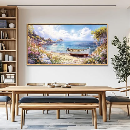 Wood Farmed Canvas Wall Art For Living Room Large Wall Decor For Office Bedroom Decorations The Sea Boat Landscape Pictures Farmhouse Painting Artwork Room Wall Mural Aesthetic Home Decor 30x60 In