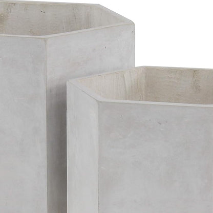 CosmoLiving by Cosmopolitan Magnesium Oxide Geometric Indoor Outdoor Planter Hexagon Large Planter Pot with Brown Wooden Legs, Set of 2 Planters 15", 17"H, White